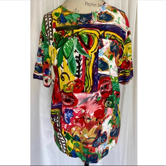 Clio Tops - Vintage Multi Watercolor/Abstract Print Blouse w/Front Pocket Size: Medium